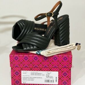 Tory Burch Kira Quilted Dark Seaweed Nappa Leather Block Heel Sandal